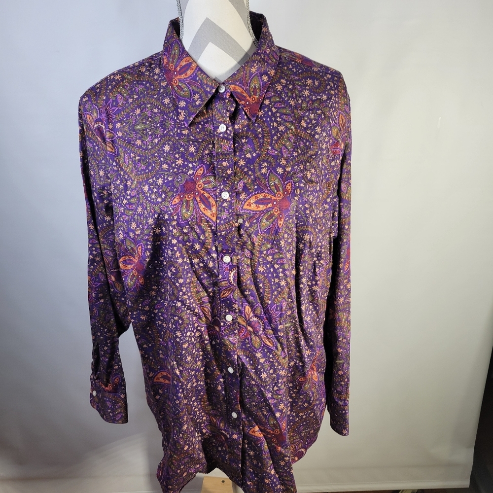 Womans Chaps No Iron Floral Long Sleeve 100% Cotton Button Front Purple Size 2XL